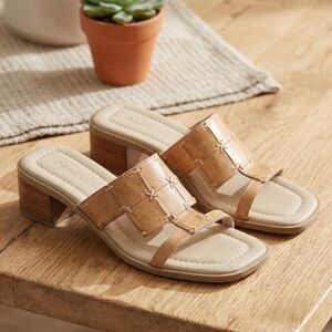 Danelle Vintage Tan Leather Woven Slide Sandals Block Heel Square Toe Boho 5M